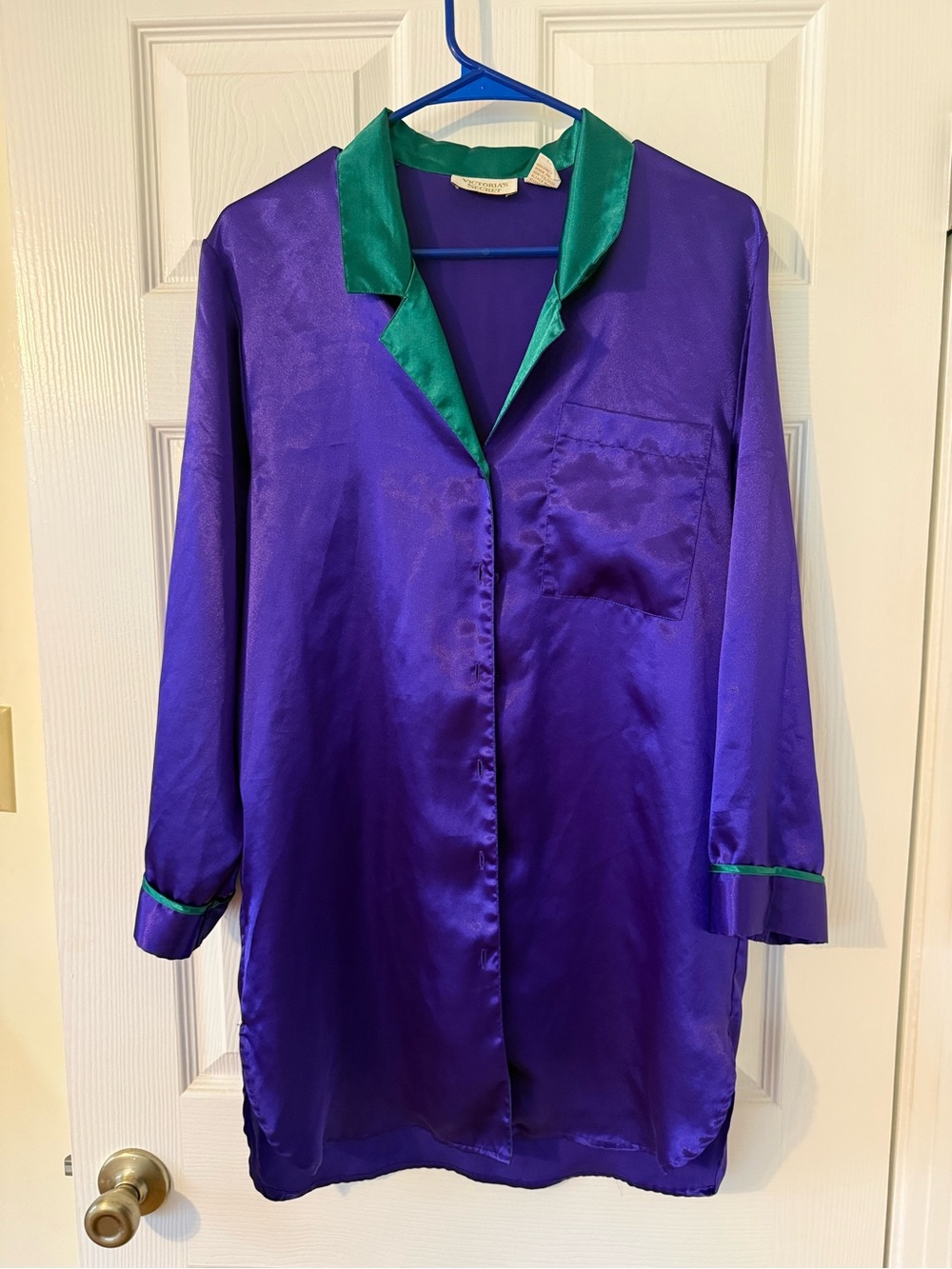 Vintage Gold Tag Victoria Secrets Satin Long Sleep Shirt in Purple Green Trim